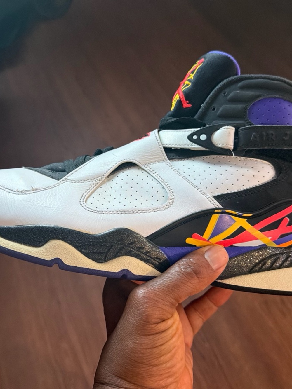 Jordan 8 White Black Purple Retro-Style Sneakers with Multicolor Accents